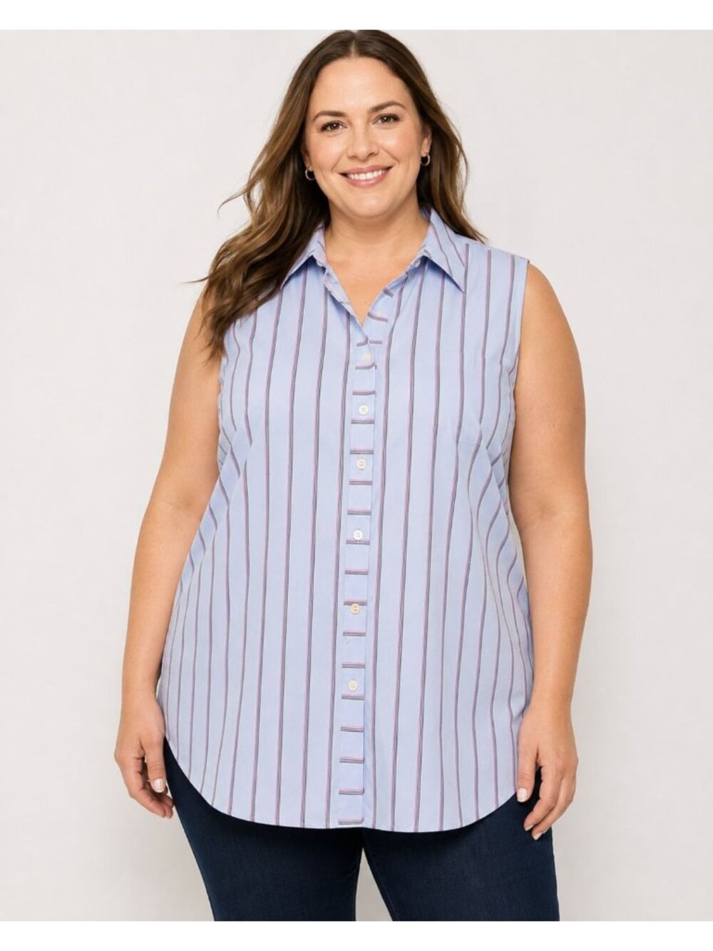Talbots Womens Non Iron Shirt Button Blouse Sleeveless Blue Stripe Plus Size 24W